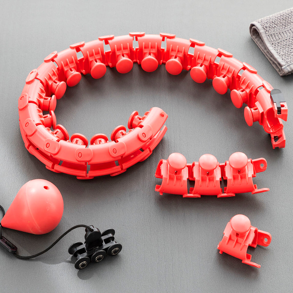 InnovaGoods adjustable smart fitness hoop with weights for exercise and toning, showing a person using the fitness and exercise equipment.